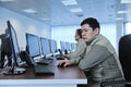 Almaty, Kazakhstan - 11.20.2015 : Employees of the mission control center of the KAZSAT satellite monitor telemetry data