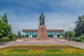 ALMATY, KAZAKHSTAN - JUNE 1, 2017: Abai Qunanbaiuly Abay Kunanbayev monument in Almaty, Kazakhstan. Republic Palace in the Royalty Free Stock Photo