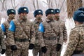 Almaty / Kazakhstan - 11.20.2020 : A peacekeeping platoon of soldiers lined up before the start of the exercise in snowy weather
