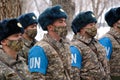 Almaty / Kazakhstan - 11.20.2020 : A peacekeeping platoon of soldiers lined up before the start of the exercise in snowy weather