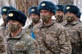 Almaty / Kazakhstan - 11.20.2020 : A peacekeeping platoon of soldiers lined up before the start of the exercise in snowy weather