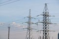 Almaty, Kazakhstan - 02.04.2021 : Power lines on the background of a large layer of smog covering the city and mountains Royalty Free Stock Photo