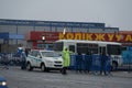 Almaty / Kazakhstan - 04.09.2020 : Work of the police and medics at the checkpoint before entering the city of Almaty during the