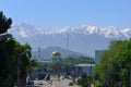 Almaty mosque and buildings with mountains background