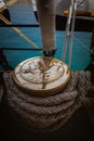 Almeria, Spain; July 8th 2018: Amerigo Vespucci is a training ship of the year 1930. Golden detail of the ships rigging