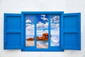 Almeria view from blue window of Mojacar beach Royalty Free Stock Photo