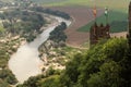 Almodovar Del Rio medieval castle with flags of Spain and Andalusia above Guadalquivir river