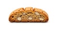 Almond biscotti cookie sliced in half showcasing texture and embedded whole almonds on white Royalty Free Stock Photo