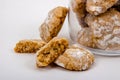 Almond biscuits in powdered sugar in glass jar Royalty Free Stock Photo