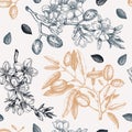 Almond branches vintage background design. Blooming tree twigs with nuts, flowers, leaves backdrop. Floral spring garden