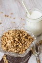 Almond Breakfast Granola In Glass Bowl With Milk