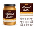 Almond butter label. Glass jar mockup. Almond icons