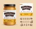 Almond butter label. Glass jar mockup. Almond icons