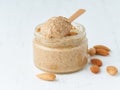 Almond butter, raw food paste made from grinding almonds into nut butter Royalty Free Stock Photo