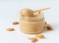 Almond butter, raw food paste made from grinding almonds into nut butter, crunchy and stir Royalty Free Stock Photo