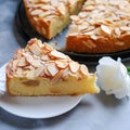 Almond cake display and slice on the plat