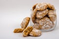 Almond cookies in powdered sugar in glass jar Royalty Free Stock Photo