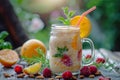 Almond Cream and Fruit Smoothie of Banana, Physalis, Raspberry, Mango, Homemade Mojito, Lemonade Royalty Free Stock Photo