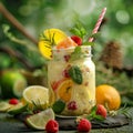 Almond Cream and Fruit Smoothie of Banana, Physalis, Raspberry, Mango, Homemade Mojito, Lemonade Royalty Free Stock Photo