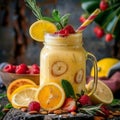 Almond Cream and Fruit Smoothie of Banana, Physalis, Raspberry, Mango, Homemade Mojito, Lemonade Royalty Free Stock Photo