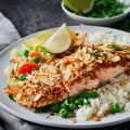 Almond-Crusted Salmon with Aromatic Rice and Fresh Veggies