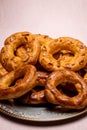 Almond doughnuts, homemade almond donuts. Homemade Spanish pastries with honey, butter and nuts Royalty Free Stock Photo