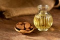 Almond dried fruits and oil extract on nature background