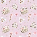 Almond flowers in baskets and envelopes seamless pattern, watercolor background on pink for wedding and spring designs