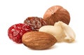 Almond, hazelnut, peanut, raisin and cranberry isolated on white background. Nut and berry mix Royalty Free Stock Photo