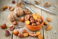 Almond, hazelnut and walnut. Nuts in a clay bowl Royalty Free Stock Photo