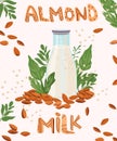 Almond healthful organic, lactose-free milk in bottle glass. Milk for vegetarians. Non dairy, plant based beverages