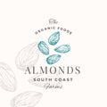 Almond Logo Template. Hand Drawn Nuts Sketch with Retro Typography. Premium Plant Based Vegan Food Badge Emblem Isolated