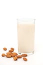 Almond milk with almond seeds isolated on white background, Health drink concept