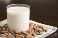 Almond Milk with almonds on table