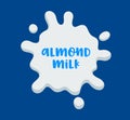 Almond Milk Banner, Icon with White Splash and Typography on Blue Background. Vegetarian Food Symbol Royalty Free Stock Photo