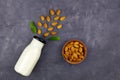 Almond milk in bottle and almond nuts on dark grey background, top view. Non-dairy lactose free milk with nuts