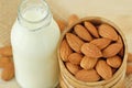 Almond milk in bottle with almonds in wooden bowl