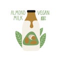 Almond milk in a cartoon bottle. Vegan milk.