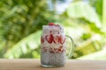 Almond milk chia pudding with fresh red strawberries, goji berries and oat flakes in a glass jar mug. Vegan raw breakfast. Chia Royalty Free Stock Photo