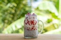 Almond milk chia pudding with fresh red strawberries, goji berries and oat flakes in a glass jar mug. Vegan raw breakfast. Chia Royalty Free Stock Photo