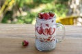 Almond milk chia pudding with fresh red strawberries, goji berries and oat flakes in a glass jar mug. Vegan raw breakfast. Chia Royalty Free Stock Photo