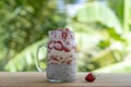 Almond milk chia pudding with fresh red strawberries, goji berries and oat flakes in a glass jar mug. Vegan raw breakfast. Chia Royalty Free Stock Photo