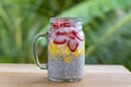 Almond milk chia pudding with fresh strawberries and mango in a glass jar mug. Vegan raw breakfast. Chia seeds and fresh cut Royalty Free Stock Photo