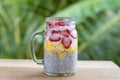 Almond milk chia pudding with fresh strawberries and mango in a glass jar mug. Vegan raw breakfast. Chia seeds and fresh cut Royalty Free Stock Photo
