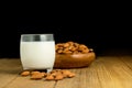 Almond milk in glass with almonds in wooden bowl