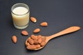 Almond milk in glass with almonds in wooden spoon