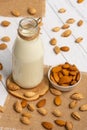 Almond milk in a glass bottle close-up