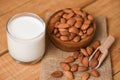 Almond milk glass for breakfast health food - almonds nuts on bowl wooden background