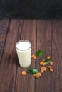 Almond milk in a glass on a wooden background. scattered almonds and green leaves next to the glass. space for text Royalty Free Stock Photo