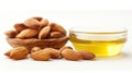 Almond milk oil and plsnts, on white background,